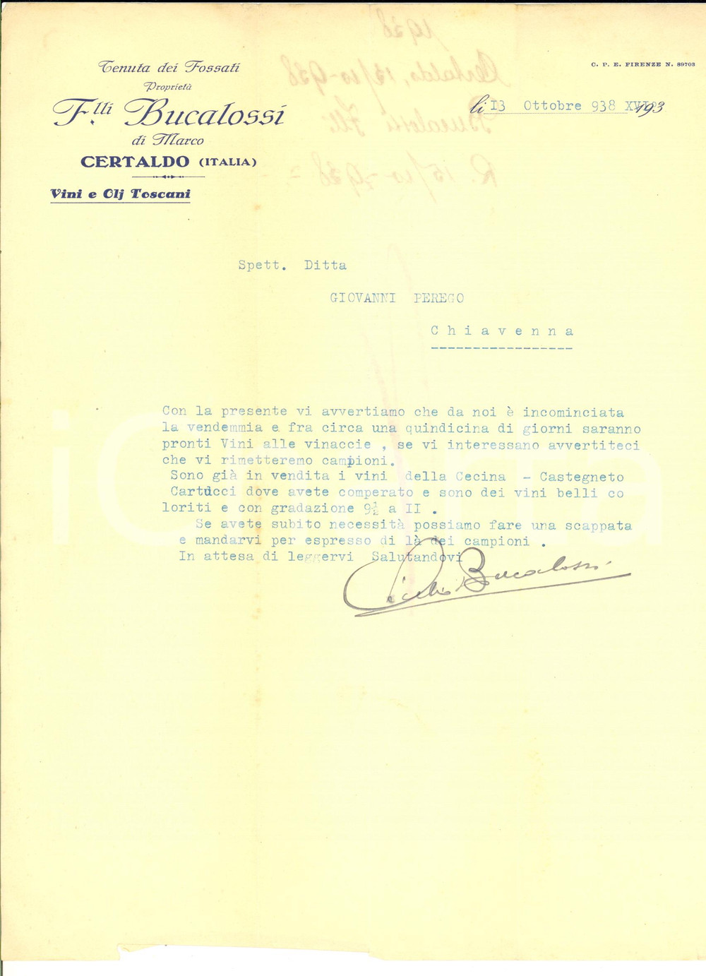 1938 CERTALDO Fratelli BUCALOSSI Tenuta dei Fossati *Lettera su inizio vendemmia