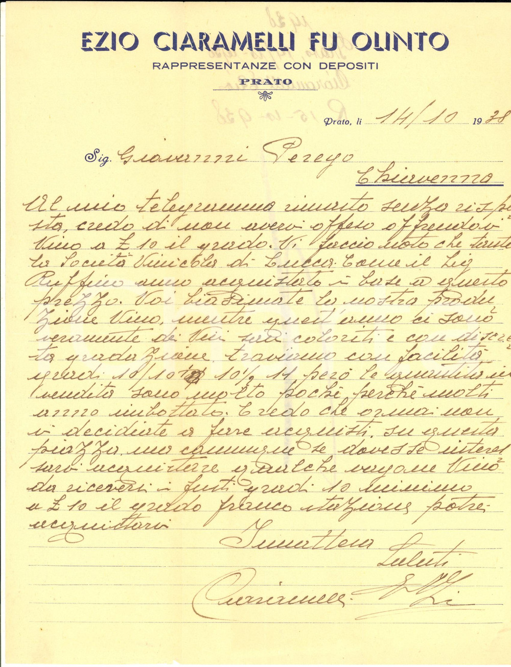 1938 PRATO Ditta Ezio CIARAMELLI fu Olinto - Lettera su preventivo vino