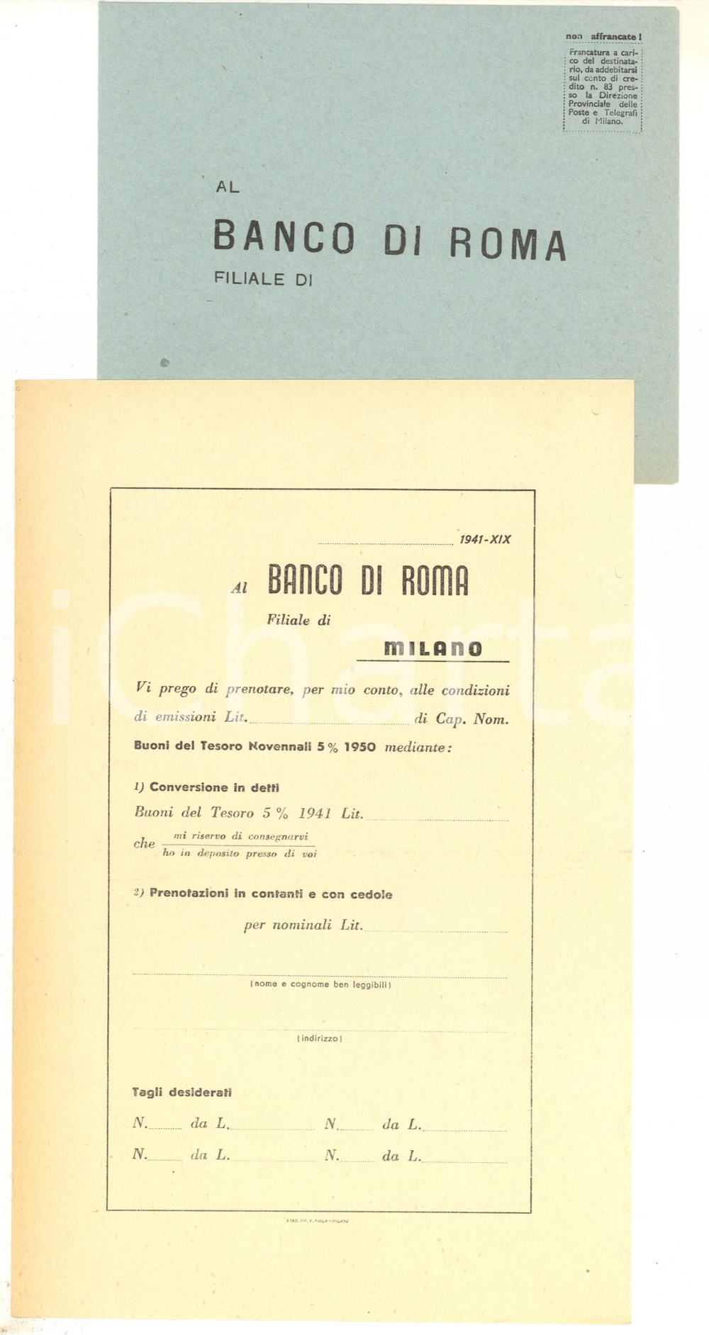 1941 BANCO DI ROMA Modulo prenotazione Buoni del Tesoro novennali Modulo di prenotazione, non compilato, con busta non viaggiata.  CONDIZIONI: G (ma piegatura centrale d'epoca)PAGINE: 4     originale e autentica 1