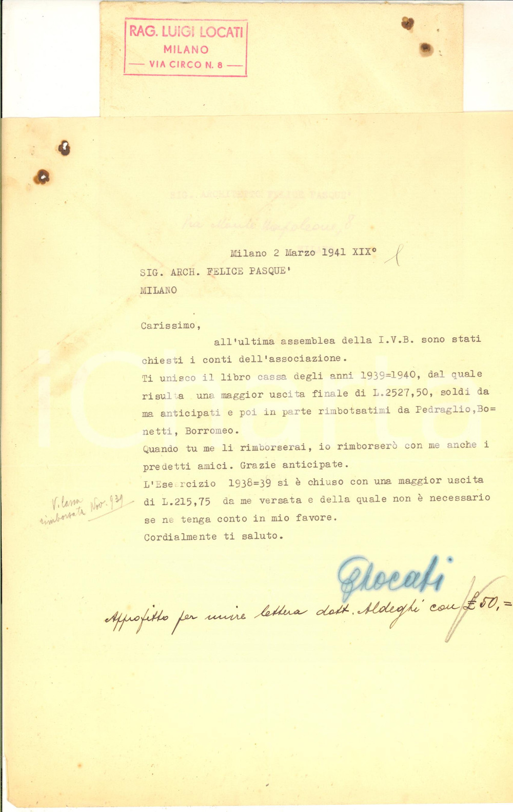 1941 MILANO Lettera rag. Luigi LOCATI all' arch. Felice PASQUE' per conteggi