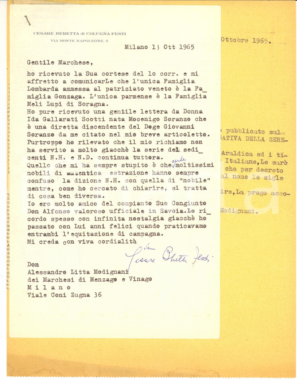 Autografo originale 1965 MILANO Lettera Cesare BERETTA DI COLUGNA FESTI su patriziato  AUTOGRAFO 1