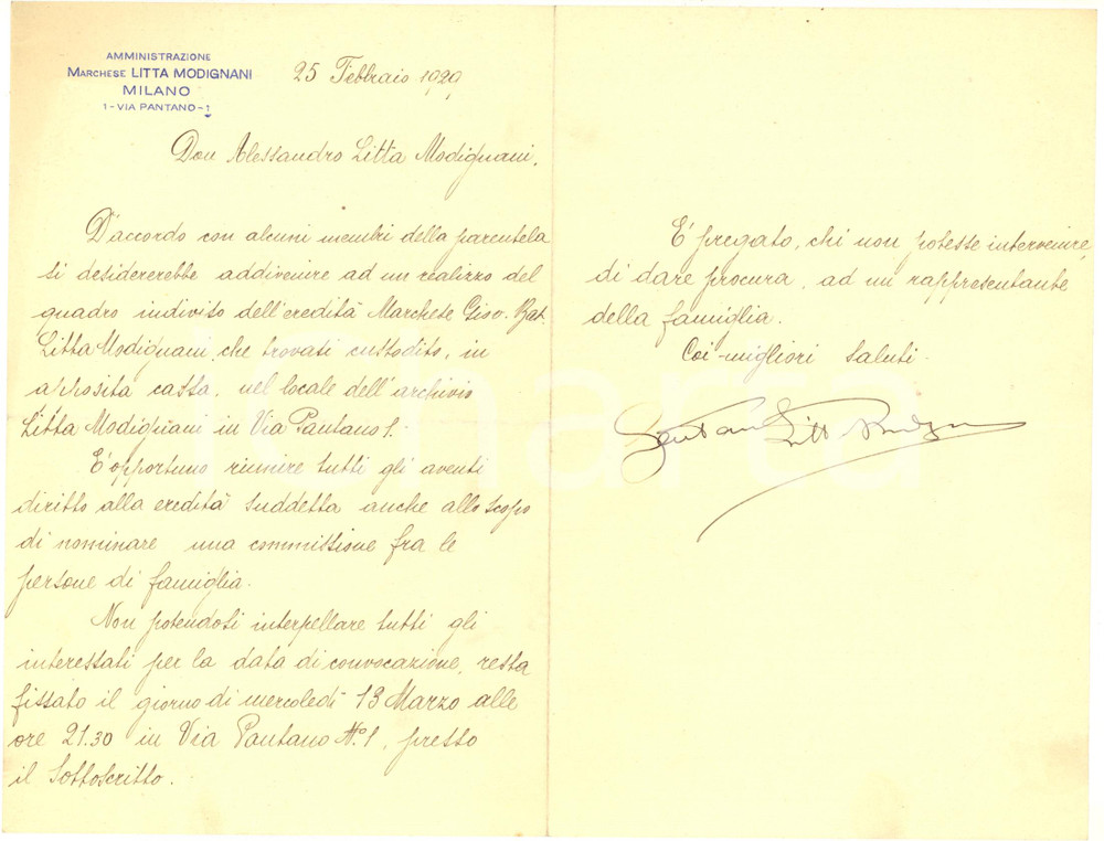 Autografo originale 1929 MILANO Lettera marchese Gaetano LITTA MODIGNANI per vendita AUTOGRAFO 1