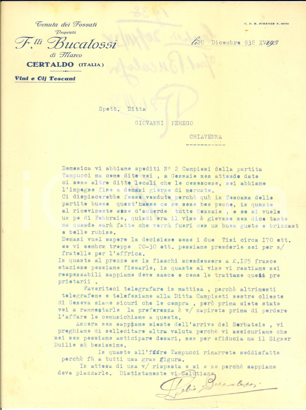 Manoscritto, lettera originale 1938 CERTALDO Fratelli BUCALOSSI Tenuta dei Fossati  Lettera su vendita di vino 1