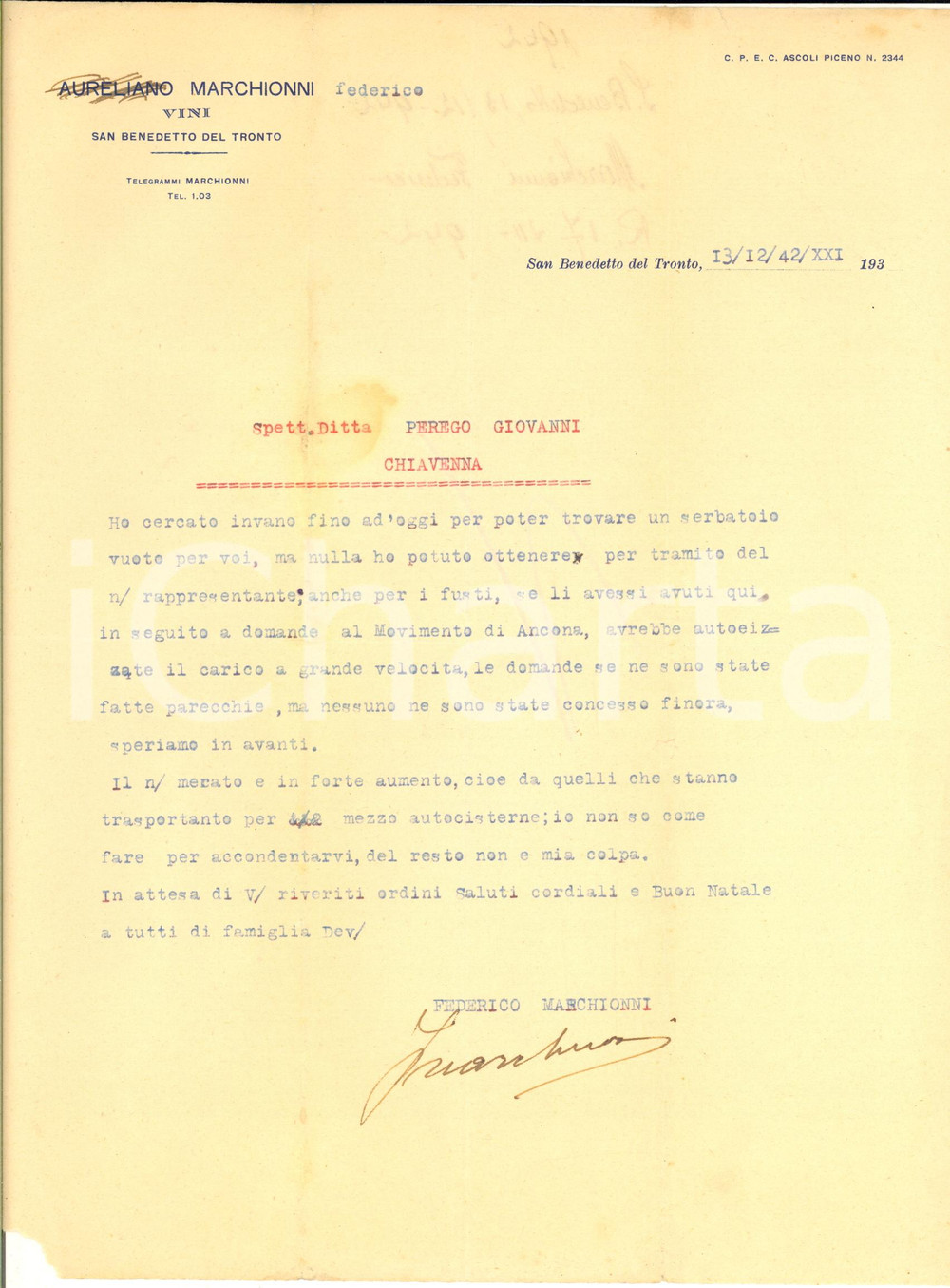 Manoscritto, lettera originale 1942 SAN BENEDETTO DEL TRONTO Lettera Federico MARCHIONNI Vini  Serbatoio 1