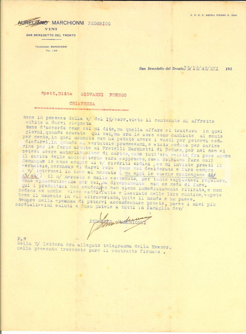 Manoscritto, lettera originale 1942 SAN BENEDETTO DEL TRONTO Lettera Federico MARCHIONNI per vendita vini 1