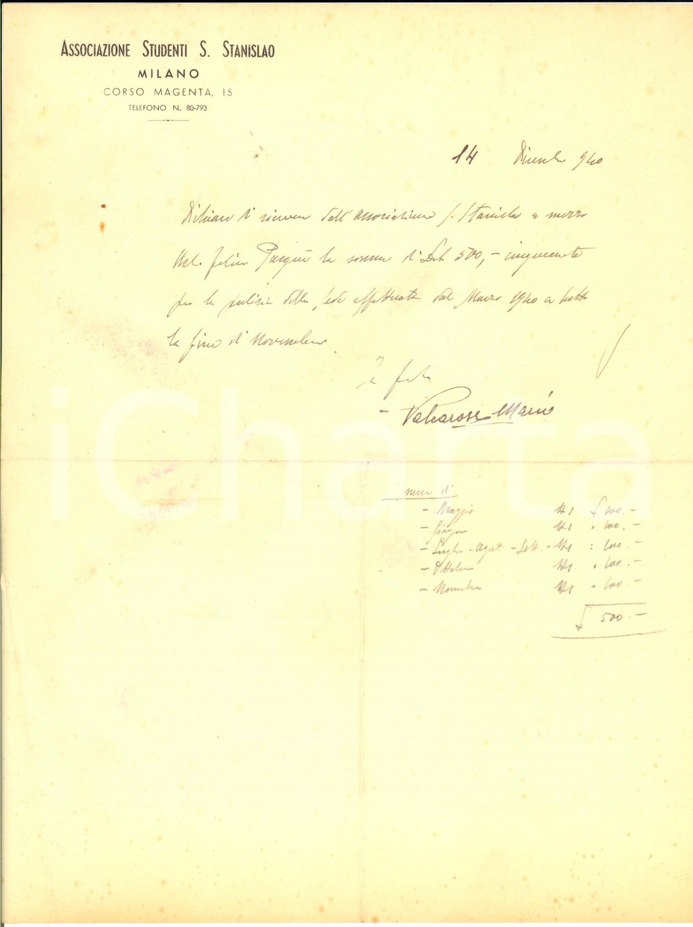 Manoscritto, lettera originale 1940 MILANO Associazione Studenti S. STANISLAO  Ricevuta per pulizia della sede 1