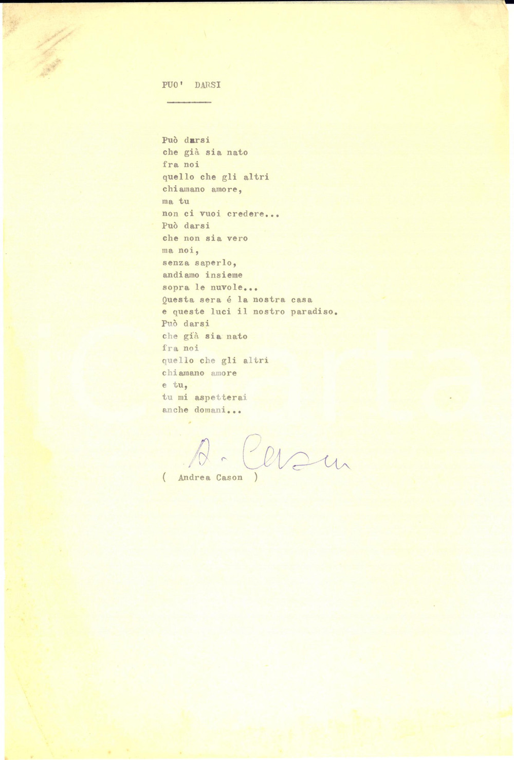 1970 ca Andrea CASON Può darsi - Poesia dattiloscritta con AUTOGRAFO