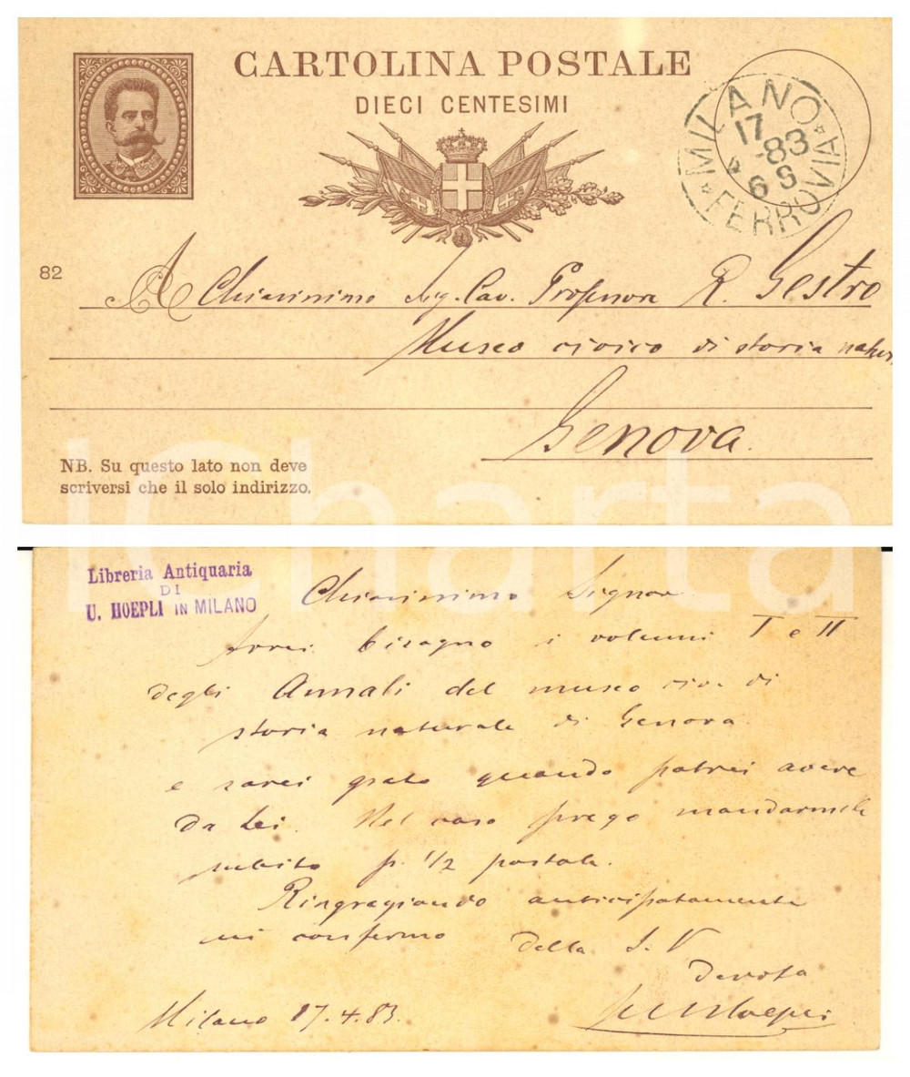 Autografo originale 1883 MILANO Cartolina Ulrico HOEPLI a Raffaello GESTRO per volumi  AUTOGRAFO 1