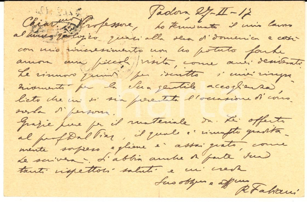Autografo originale 1917 PADOVA Ramiro FABIANI ringrazia Raffaello GESTRO  Cartolina AUTOGRAFA 1
