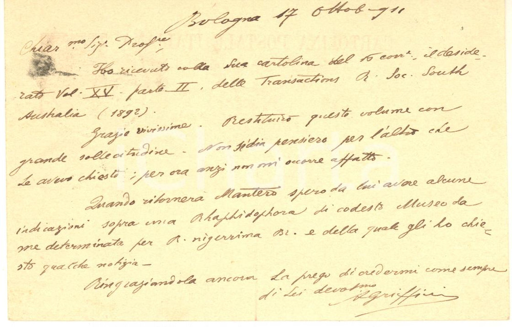 1911 BOLOGNA Cartolina Achille GRIFFINI per volume ricevuto - AUTOGRAFO