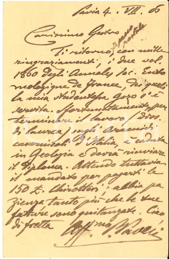 Autografo originale 1906 PAVIA Cartolina Pietro PAVESI a Raffaello GESTRO per volumi  AUTOGRAFO 1