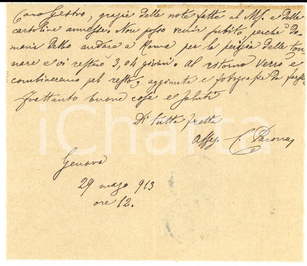 Autografo originale 1913 GENOVA Corrado PARONA a Raffaello GESTRO per ringraziamento  AUTOGRAFO 1