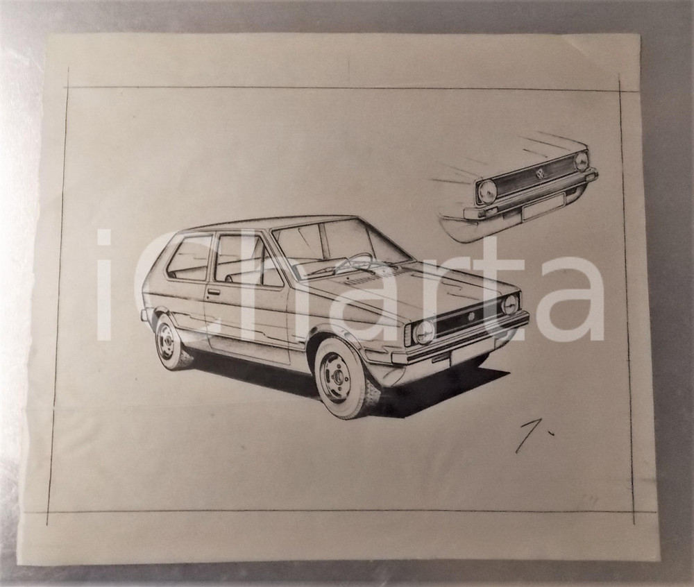 1970 ca AUTOMOBILISMO Bozzetto per WOLKSWAGEN GOLF *China su lucido 35x30 cm Bozzetto realizzato a mano, a china, su lucido.FORMATO: 35x30 cmCONDIZIONI: POOR (piegature orizzontali e all'angolo superiore destro)     originale e autentica 1