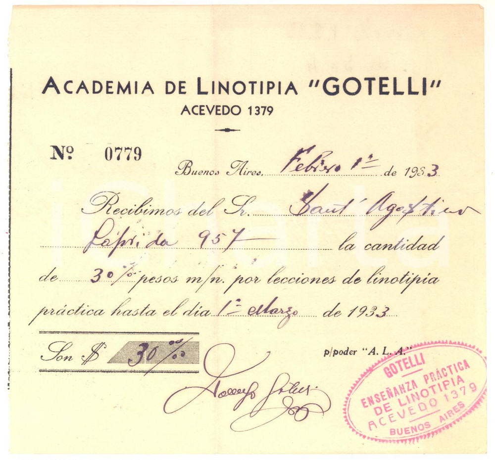 1933 BUENOS AIRES Academia de Linotipia GOTELLI - Ricevuta per lezioni