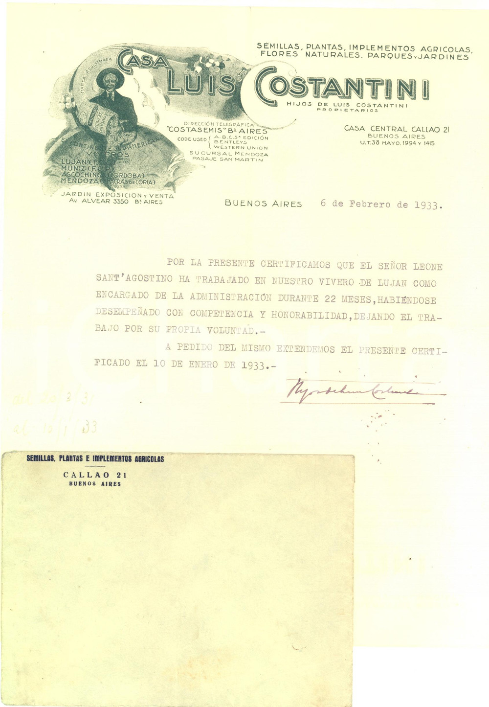 1933 BUENOS AIRES Casa Luis COSTANTINI Semillas plantas flores - Certificato