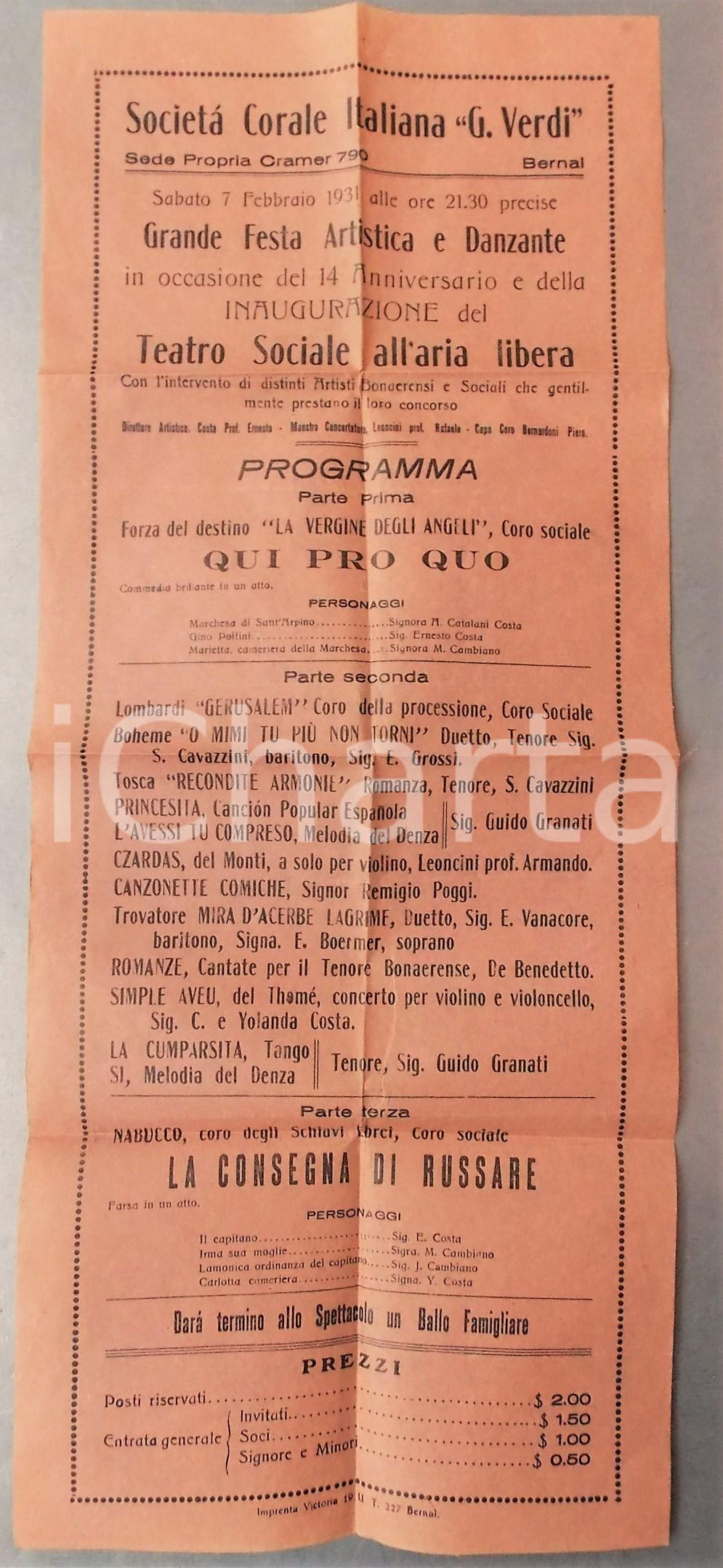 1931 BUENOS AIRES Società Corale Italiana "G. Verdi" - Locandina festa danzante