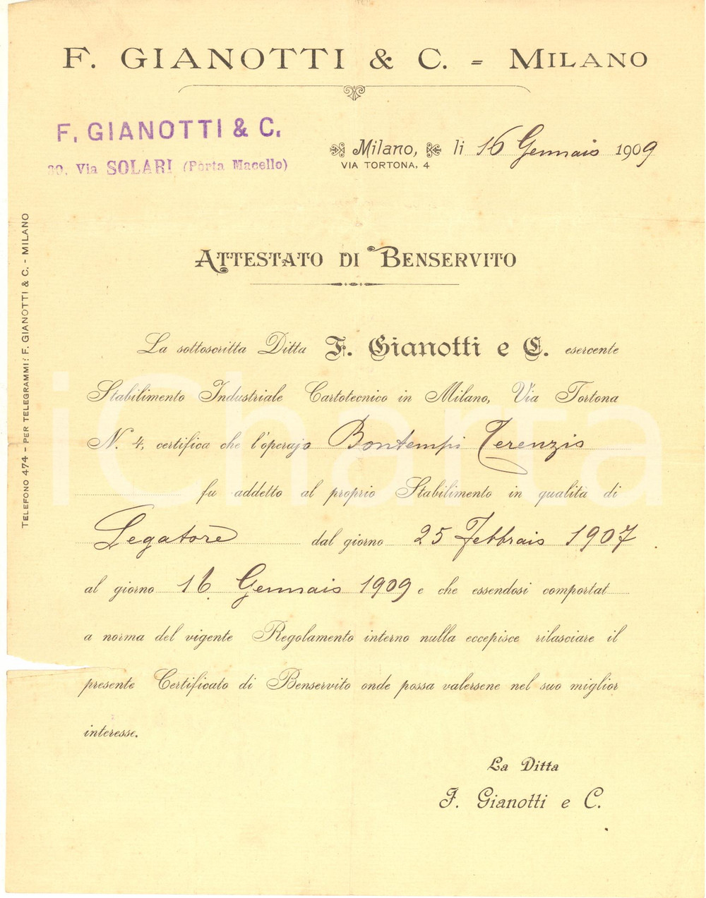 1909 MILANO Ditta F. GIANOTTI & C. - Attestato benservito Terenzio BONTEMPI