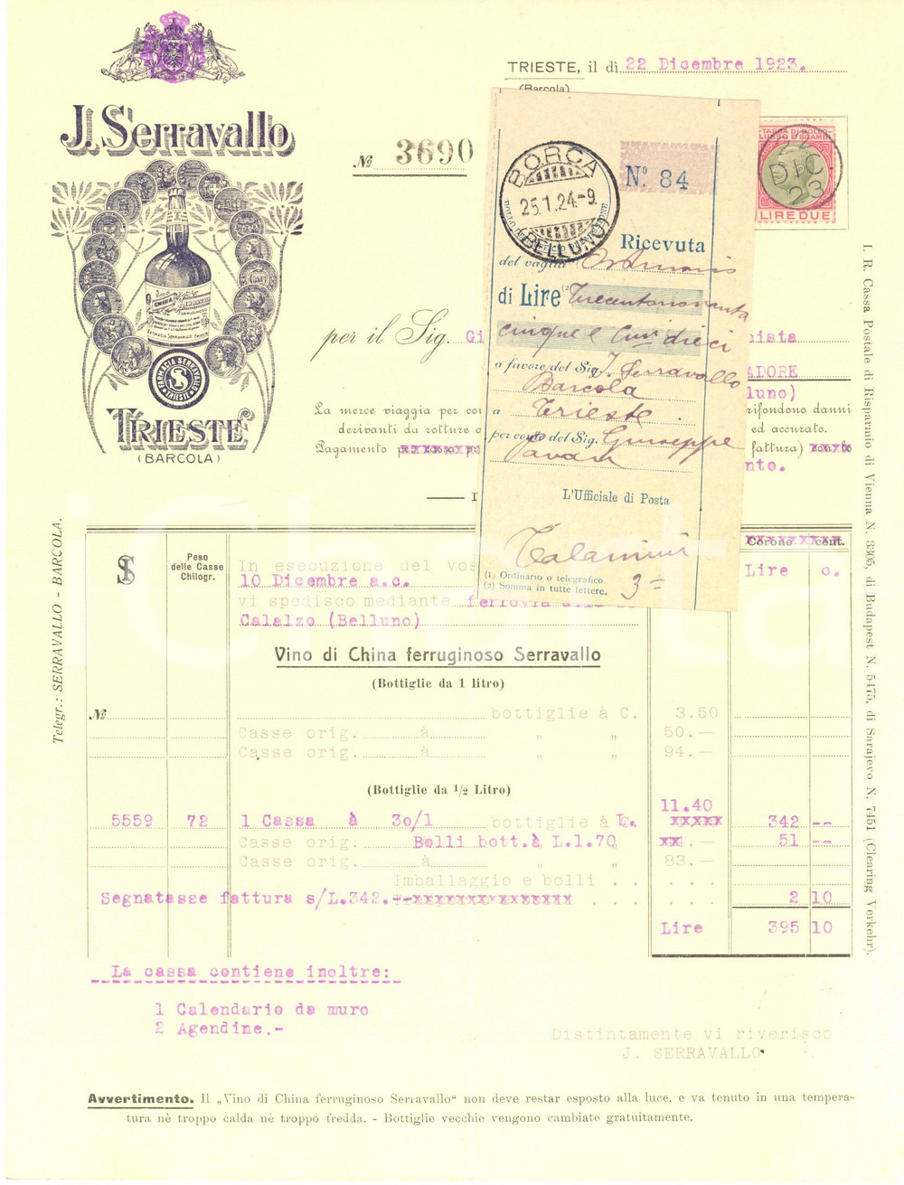 1923 TRIESTE BARCOLA Ditta J. SERRAVALLO vino di china - Fattura intestata