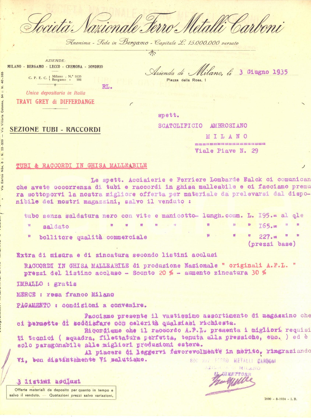 1935 MILANO Società Nazionale Ferro Metalli Carboni - Lettera per tubi in ghisa