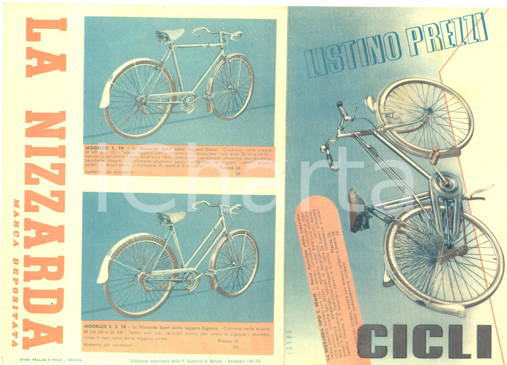 1941 GENOVA Biciclette LA NIZZARDA - Listino prezzi ILLUSTRATO VINTAGE Listino pubblicitario d'epoca, illustrato.CONDIZIONI: GPAGINE: 4 facciate      originale e autentica 1