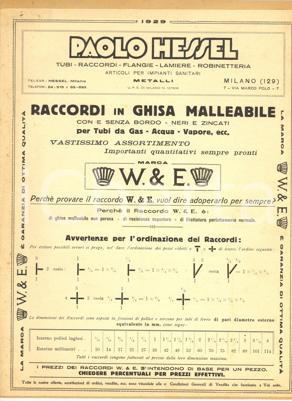 1932 MILANO Ditta Paolo HESSEL Raccordi in ghisa - Listino prezzi illustrato