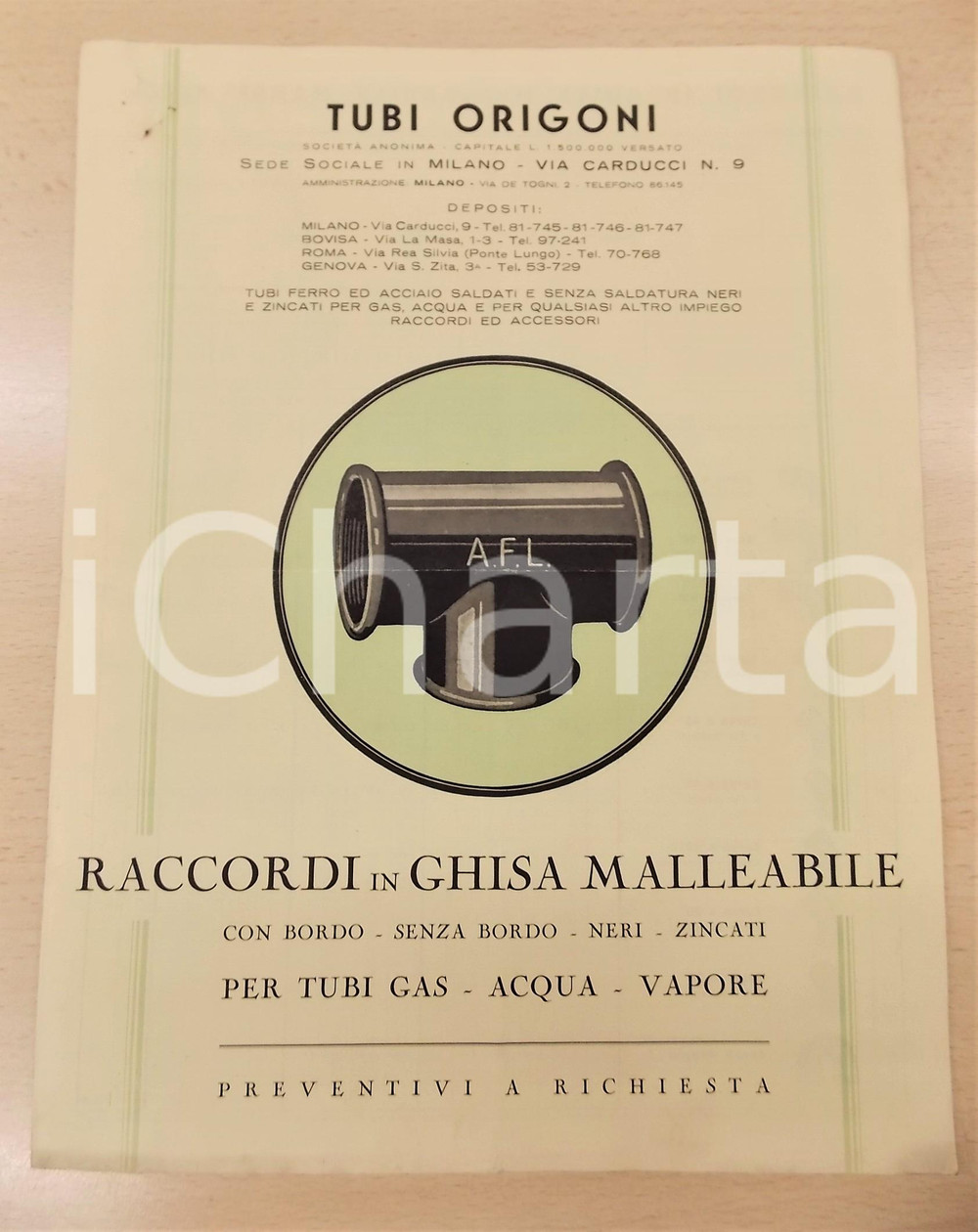 1935 MILANO Tubi ORIGONI - Raccordi in ghisa malleabile - Listino prezzi