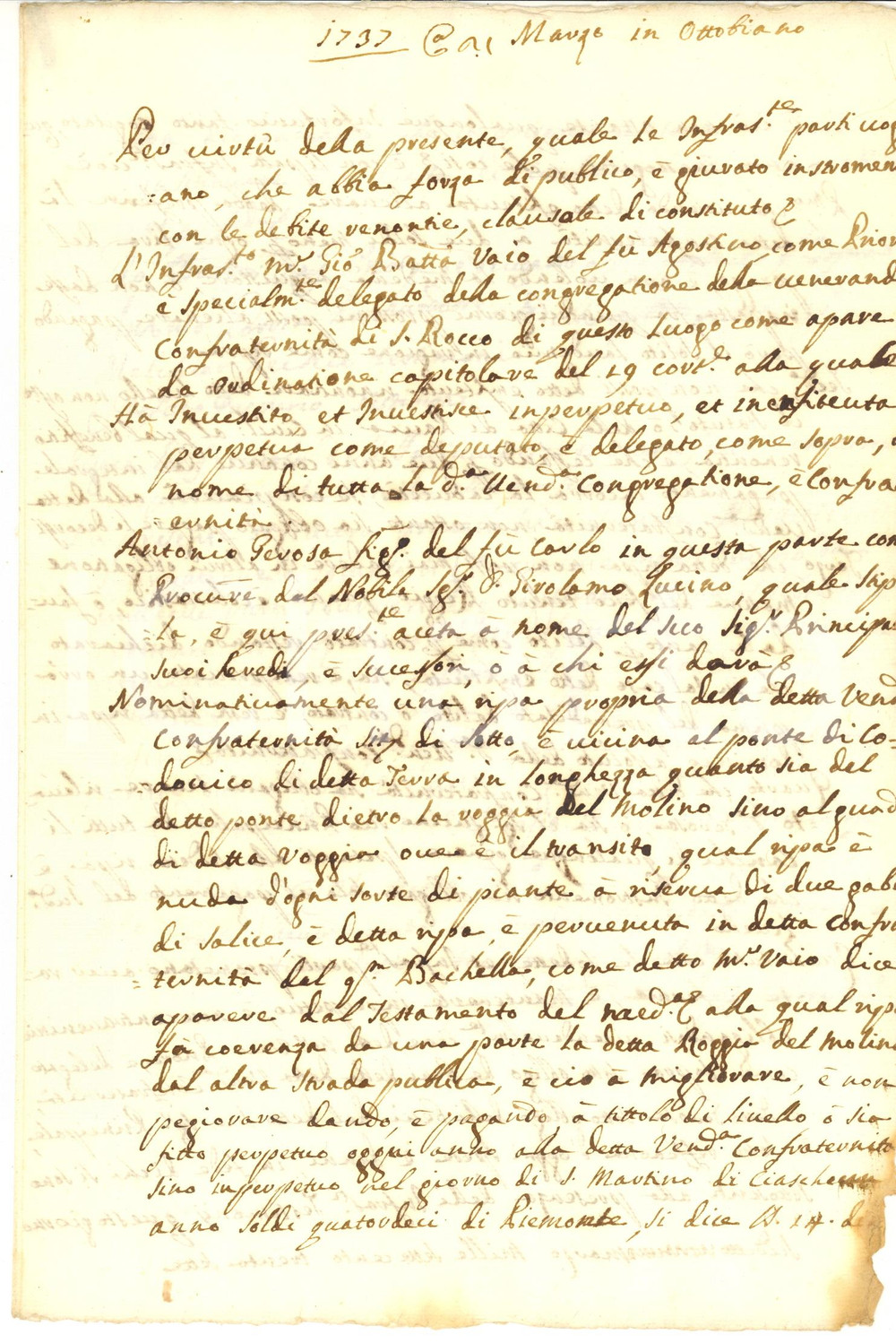 1737 OTTOBIANO Livello perpetuo per ripa Confraternita di San Rocco *Manoscritto