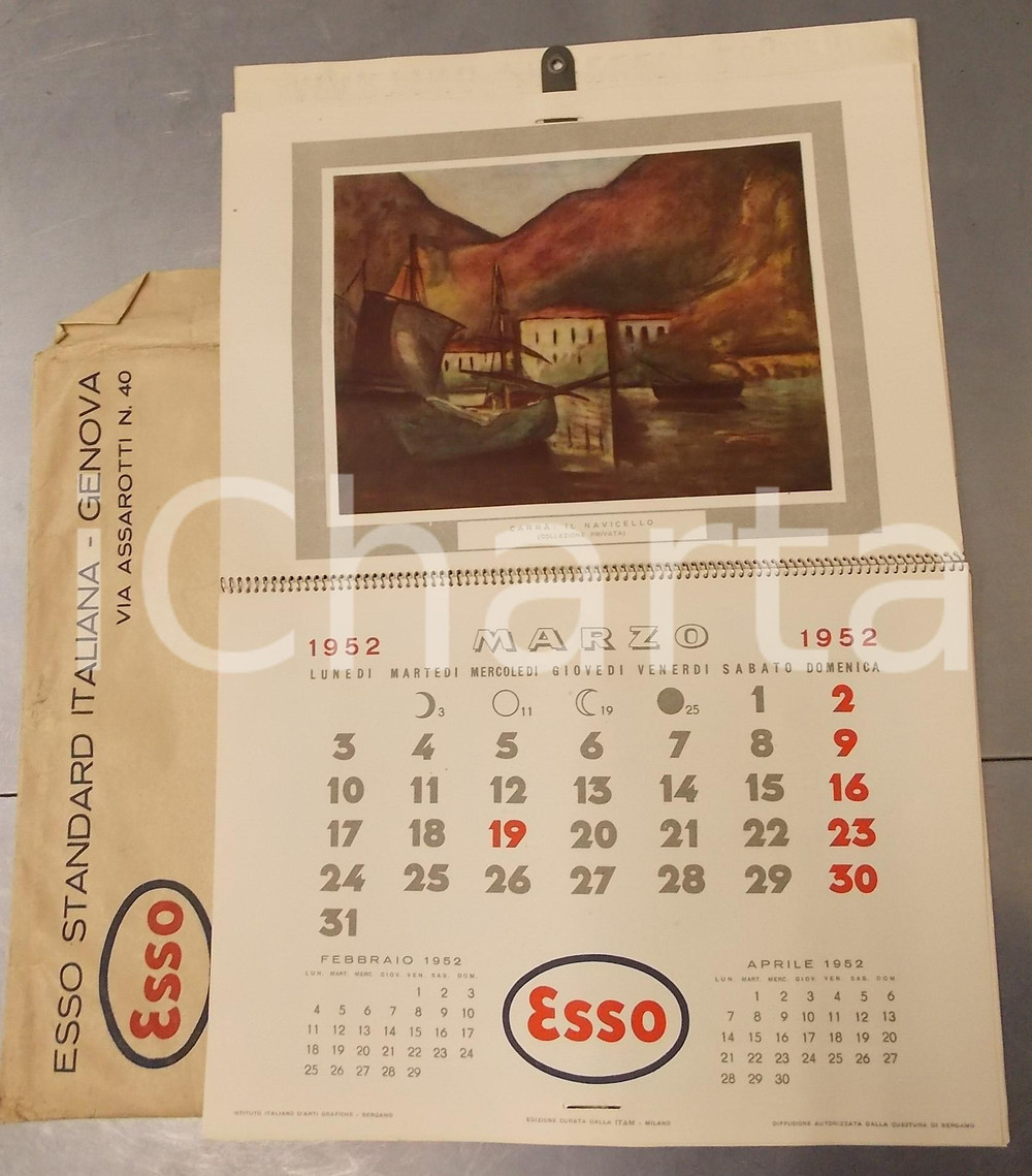 1952 ESSO Calendario illustrato - Arte italiana - PUBBLICITARIO con busta