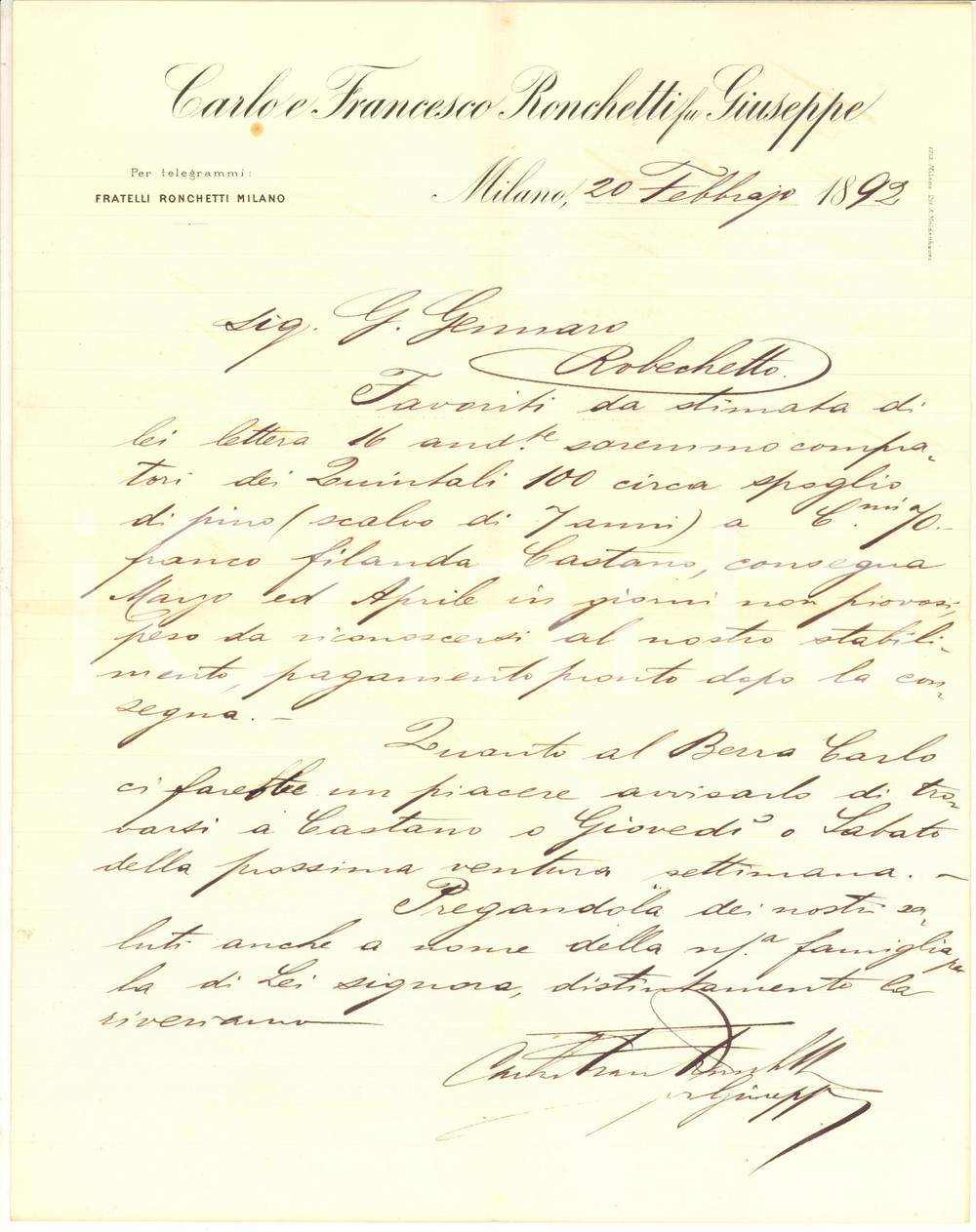 1892 MILANO Ditta Carlo e Francesco RONCHETTI - Lettera per spoglio di pino