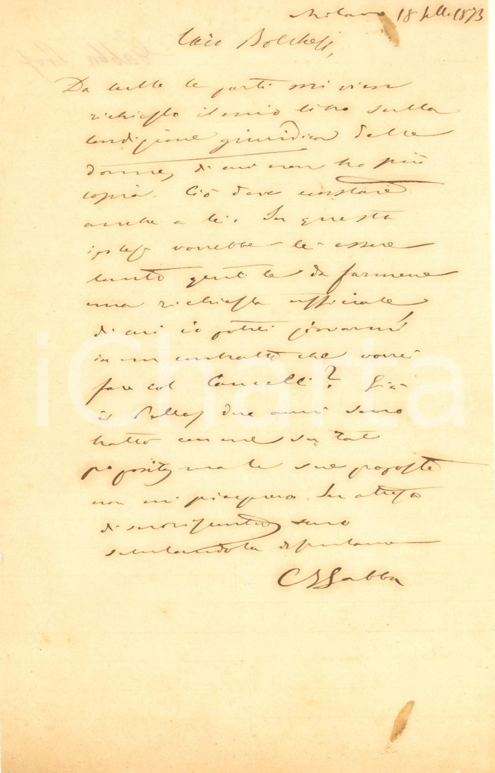 1873 MILANO Lettera Carlo Francesco GABBA per riedizione di un'opera - AUTOGRAFO