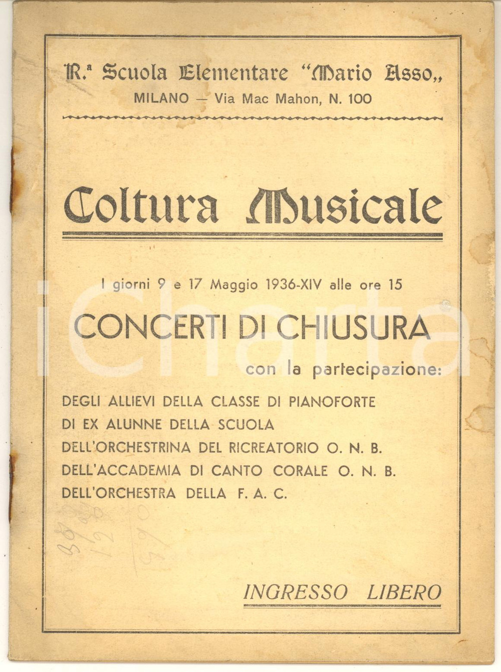 1936 MILANO Scuola Elementare "Mario Asso" - Programma concerti di chiusura