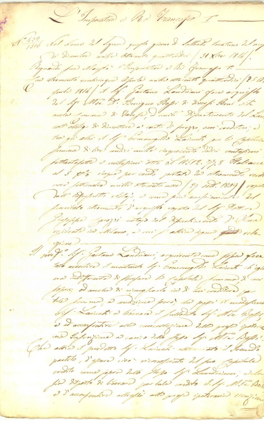 1814 VARESE Atto mutuo Gaetano LANDRIANI pro Ermenegildo LAINATI - Manoscritto
