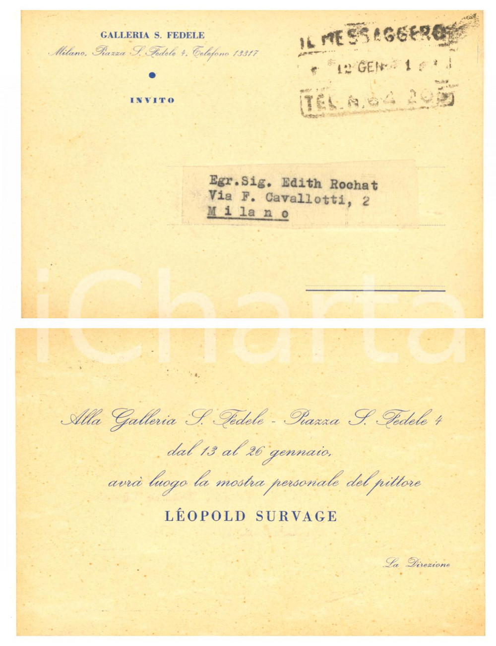 1950 ca MILANO Galleria S. FEDELE - Invito mostra pittore Léopold SURVAGE