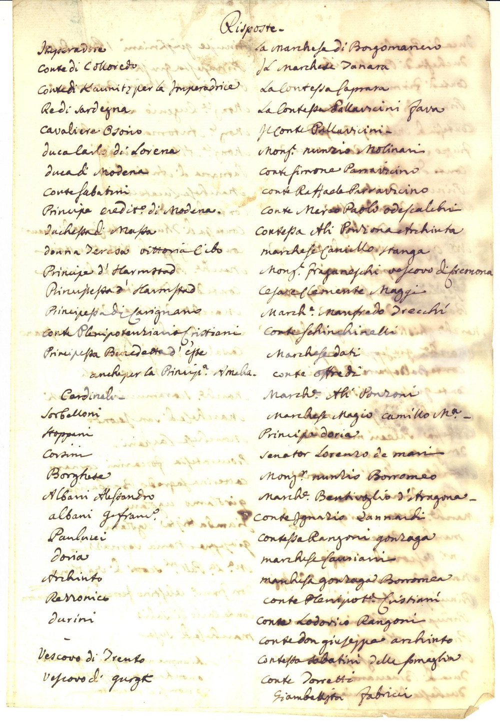 1750 ca MILANO (?) Elenco nobili per risposta a un evento - Manoscritto