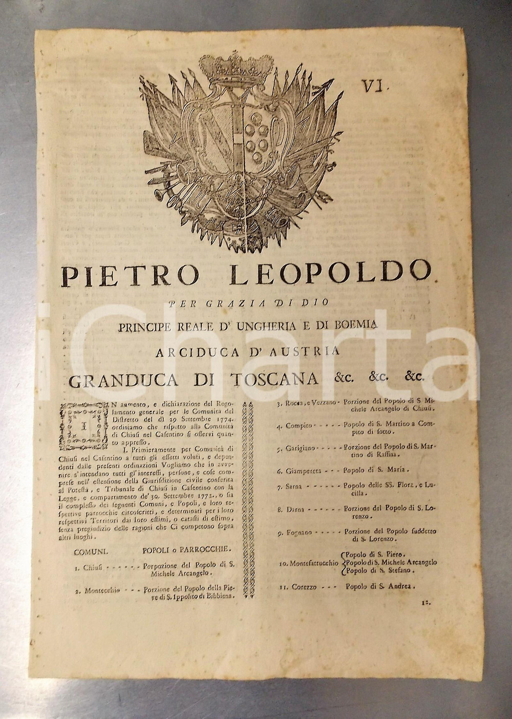 1776 GRANDUCATO DI TOSCANA Istituzione comunità CHIUSI IN CASENTINO - 27x40 cm