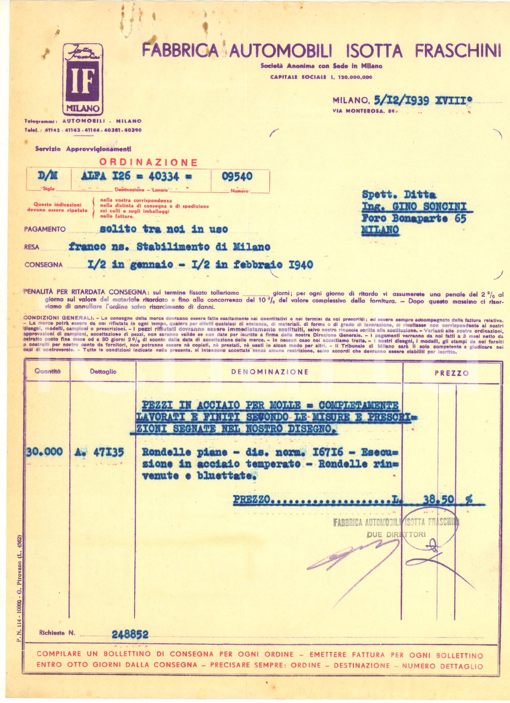 1939 MILANO Fabbrica Automobili ISOTTA FRASCHINI - Ordinazione rondelle piane