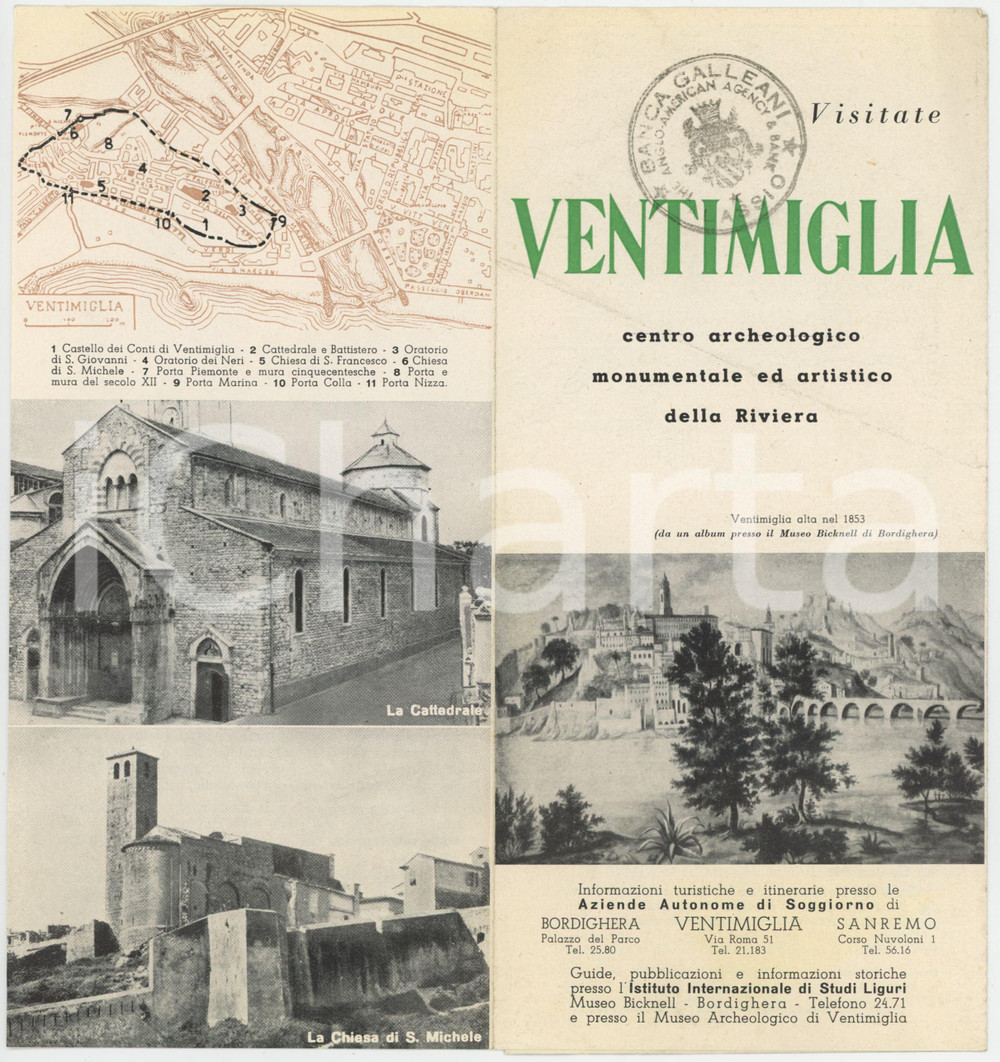 Materiale pubblicitario d’epoca 1950 ca VENTIMIGLIA Centro artistico della Riviera Pieghevole ILLUSTRATO 1