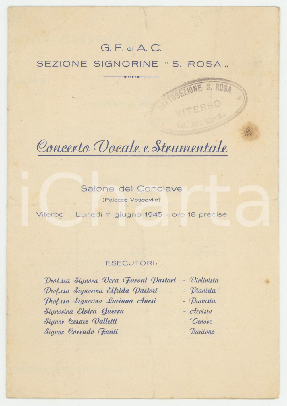 Materiale pubblicitario d’epoca 1945 VITERBO  G.F. di A.C. Sezione Signorine S. ROSA  Programma concerto 1