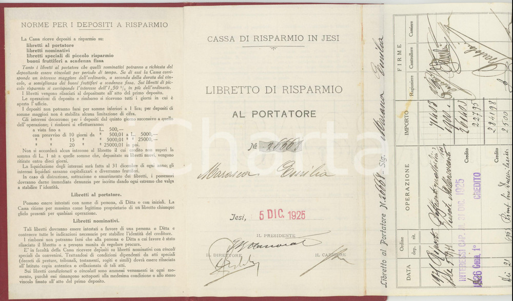 Oggetto da collezione cartaceo 1925 Cassa di Risparmio JESI  Libretto di risparmio al portatore 1