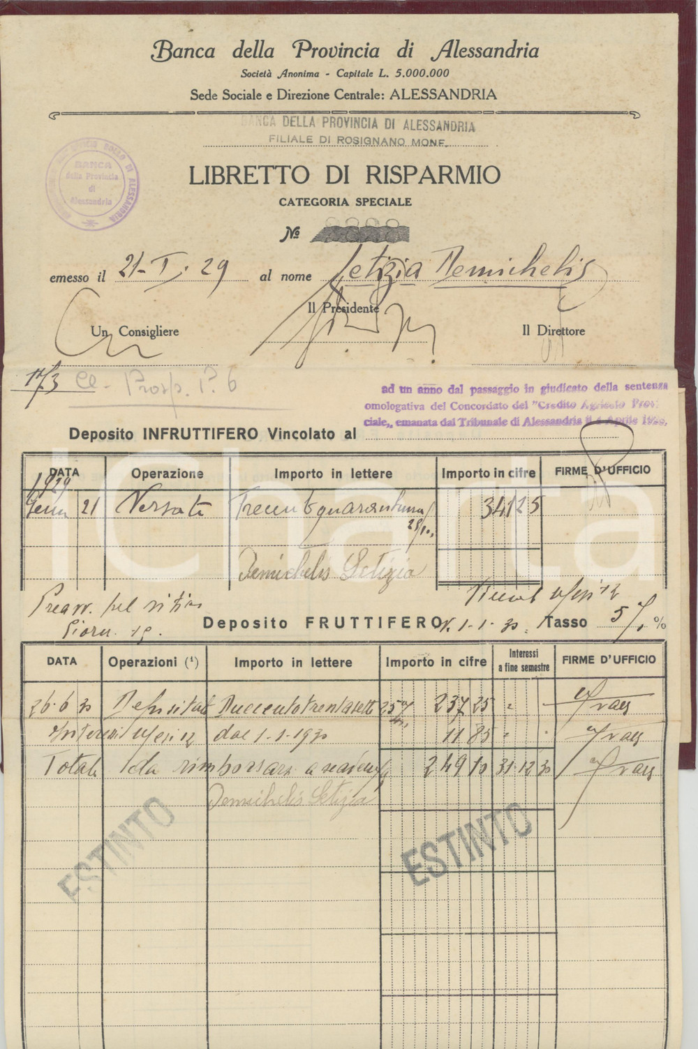 Oggetto da collezione cartaceo 1929 Banca Provincia di ALESSANDRIA  ROSIGNANO MONFERRATO Libretto di risparmio 1