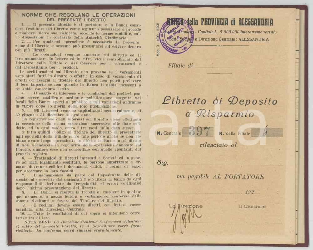 Oggetto da collezione cartaceo 1920 ca Banca della Provincia di ALESSANDRIA  Libretto di deposito a Risparmio 1