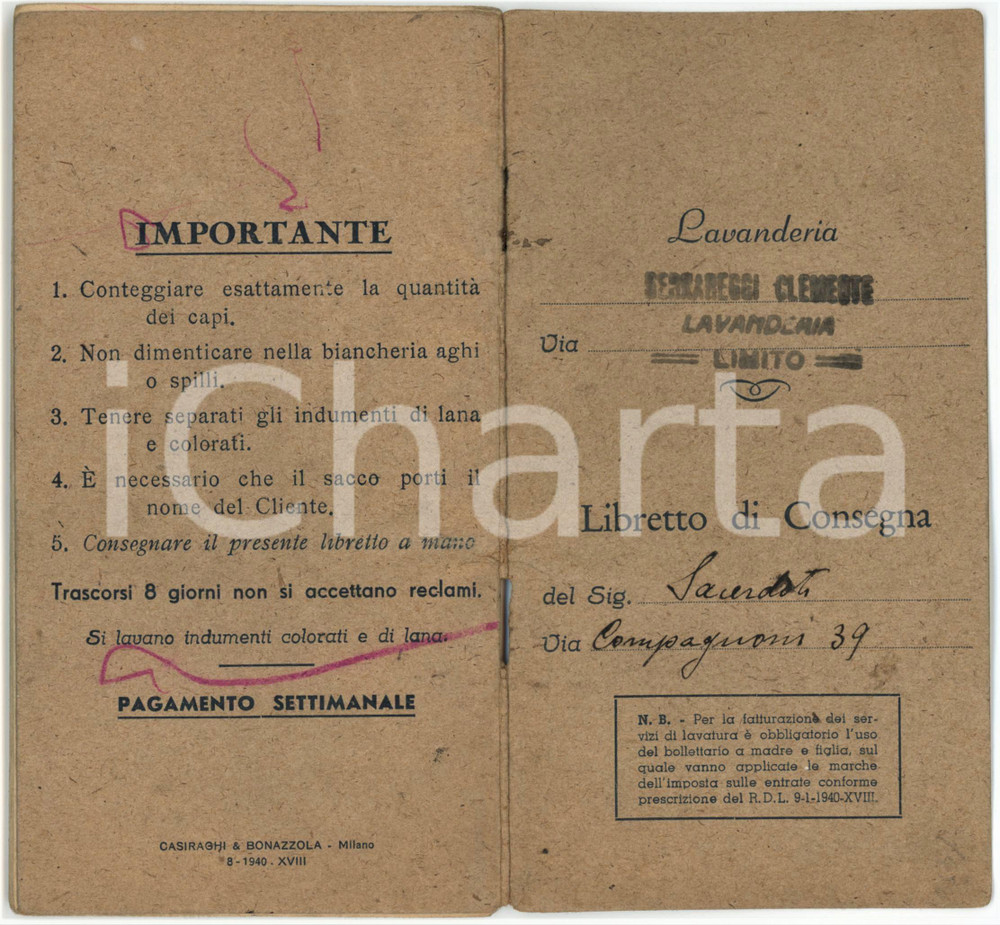 Documento originale, autentico 1941 LIMITO/PIOLTELLO MI Lavanderia Clemente BERNAREGGI Libretto di consegna 1