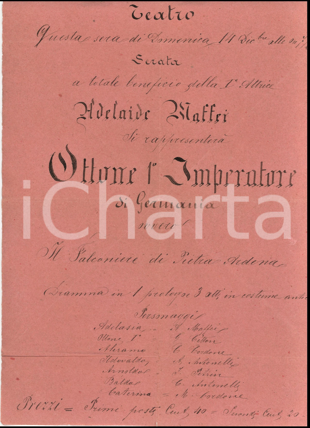 Materiale pubblicitario d’epoca 1900 ca TEATRO Ottone 1° Imperatore  Il Falconiere Adelaide MAFFEI Locandina 1