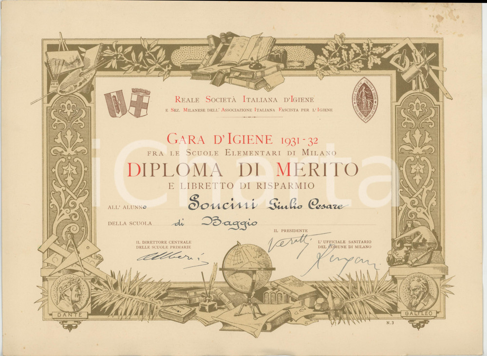 Documento originale, autentico 1932 MILANO Gara Igiene Scuole Elementari  Diploma merito Giulio Cesare SONCINI 1