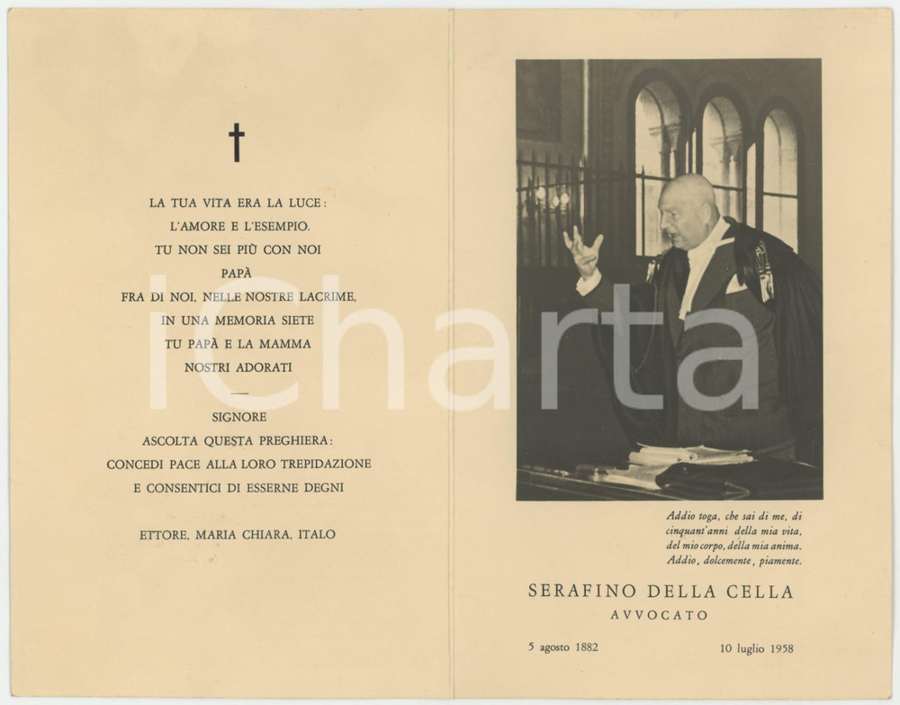 1958 VERONA Serafino DELLA CELLA avvocato - Santino lutto 11x18 cm