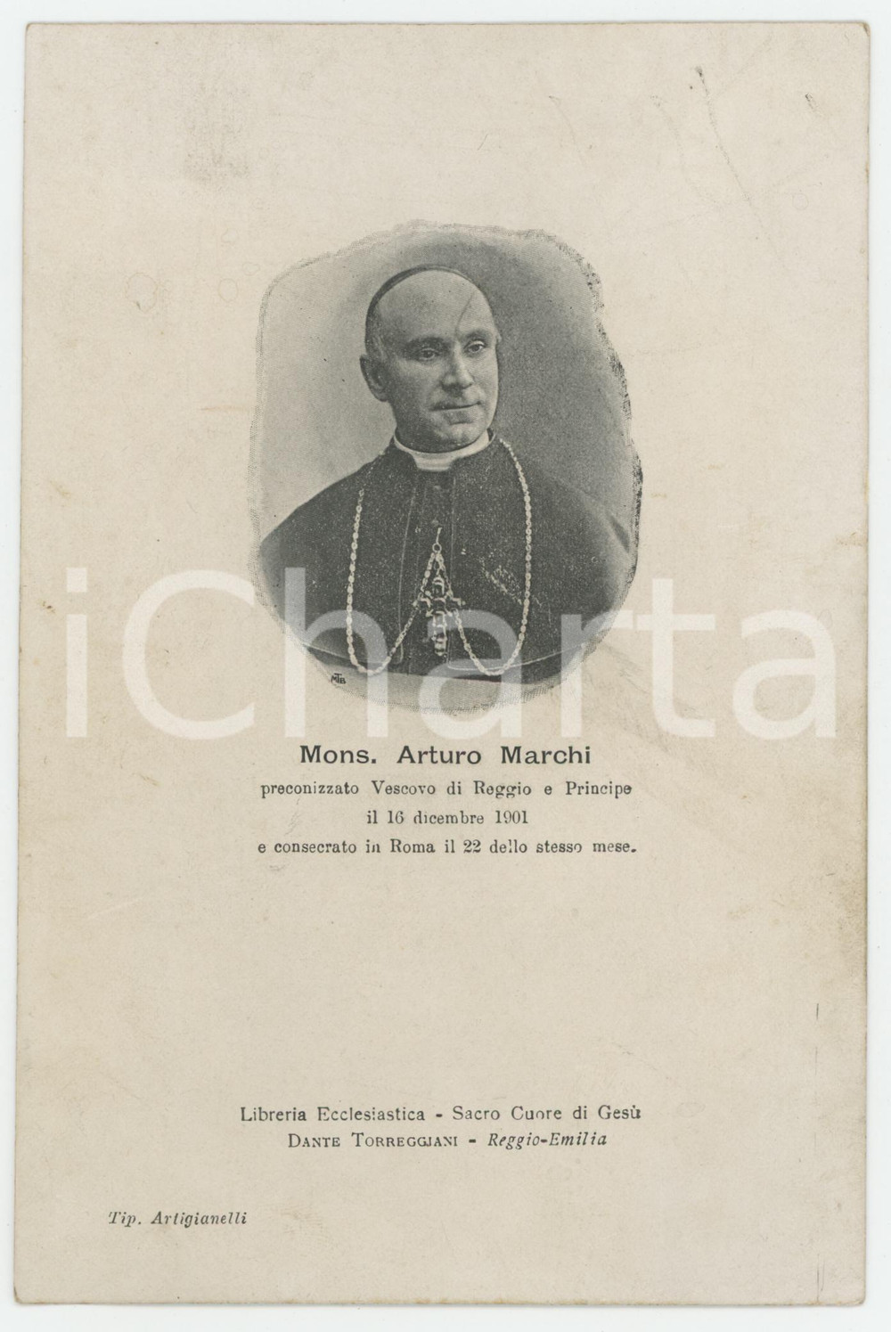 Stampa, bozzetto originale 1901 REGGIO EMILIA Mons. Arturo MARCHI nuovo vescovo  Cartoncino celebrativo 1