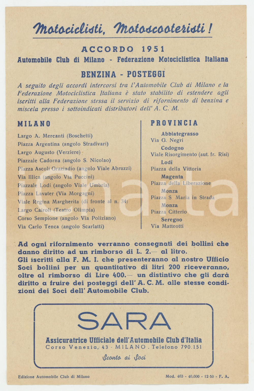 1950 Automobile Club MILANO - Accordo benzina e posteggi motociclisti ^Volantino Volantino originale d'epoca. FAIR/discreto piegature d'epoca con ingiallimenti lungo le piegature Formato: 14x22 cm originale e autentica 1