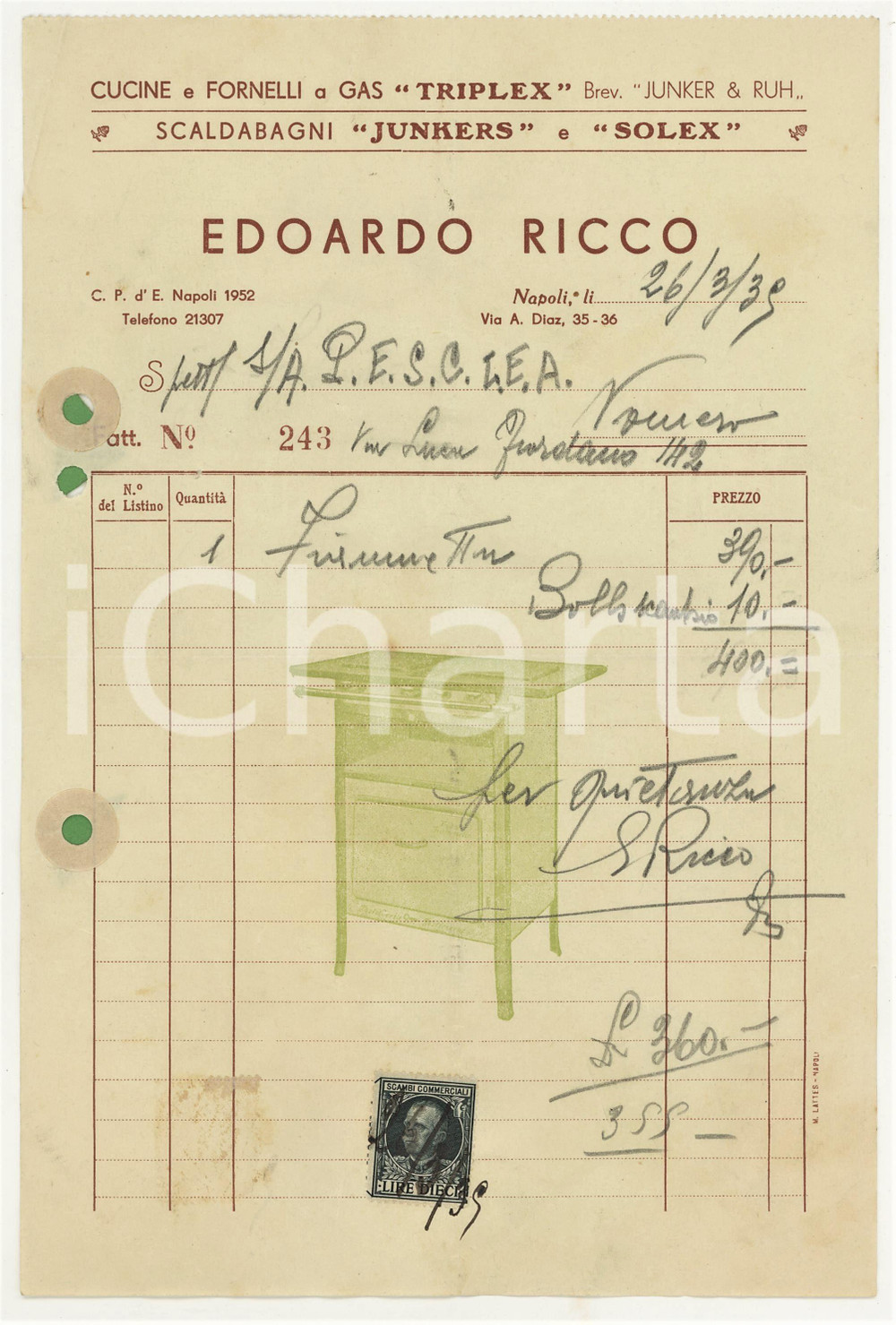 1939 NAPOLI Via Diaz 35-36 - Edoardo RICCO Cucine e fornelli *Fattura