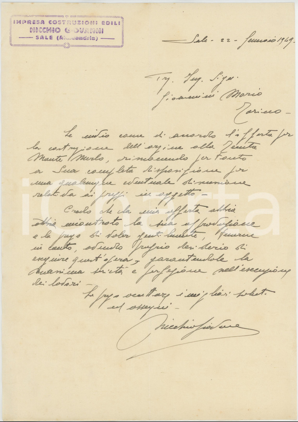 Documento originale, autentico 1949 SALE AL Impresa edile NICCHIO Giovanni  Lettera commerciale 1