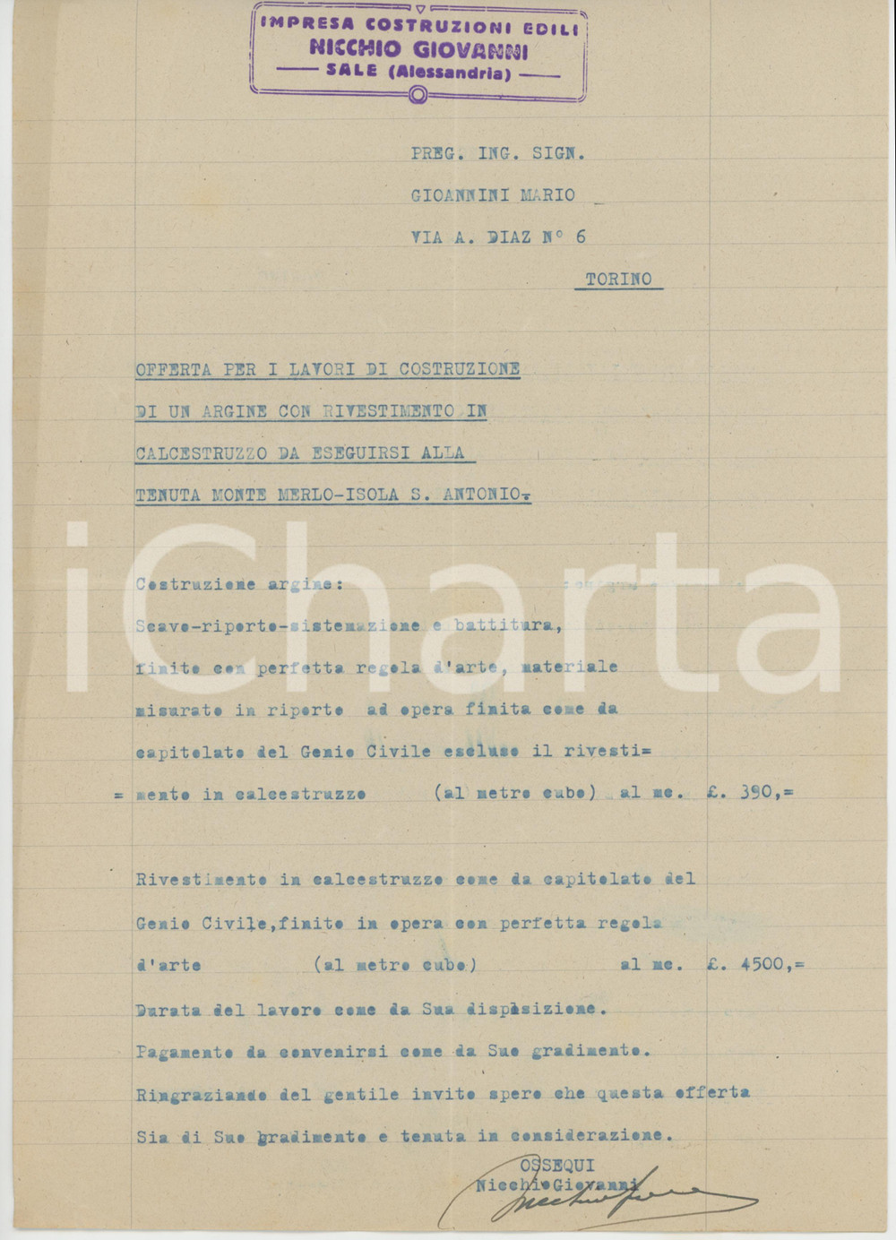 Documento originale, autentico 1949 SALE AL Impresa NICCHIO Giovanni  Offerta argine Tenuta MONTE MERLO 1
